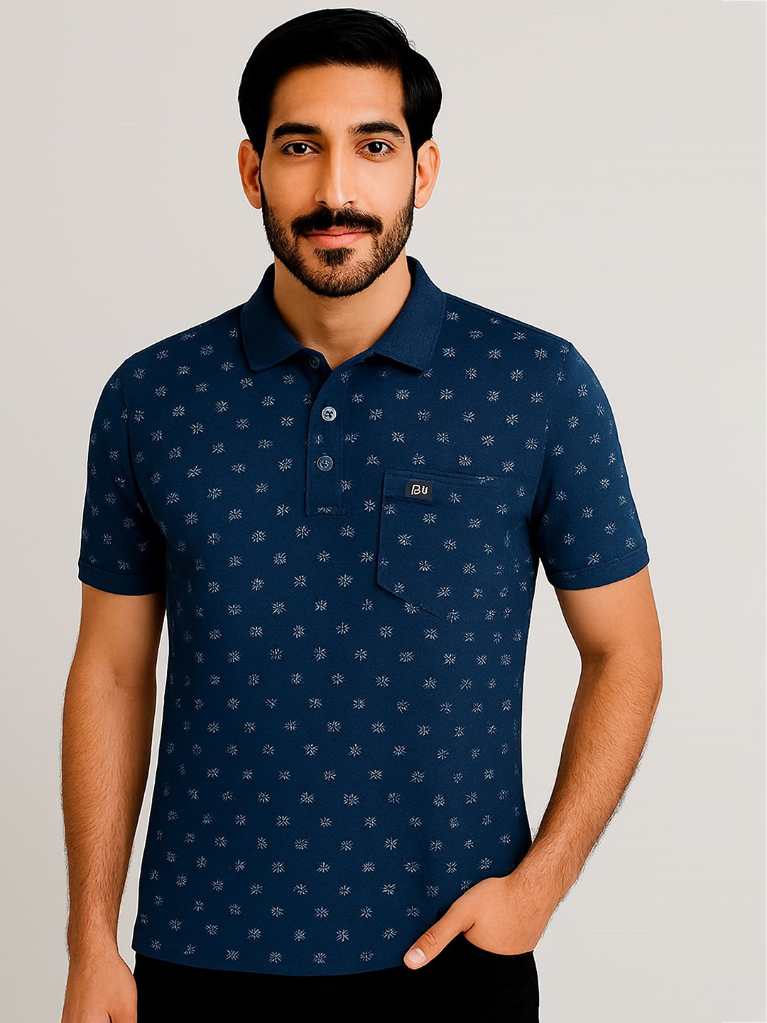 SANDPIPER Micro or Ditsy Printed Polo Collar Cotton Regular Fit T-shirt