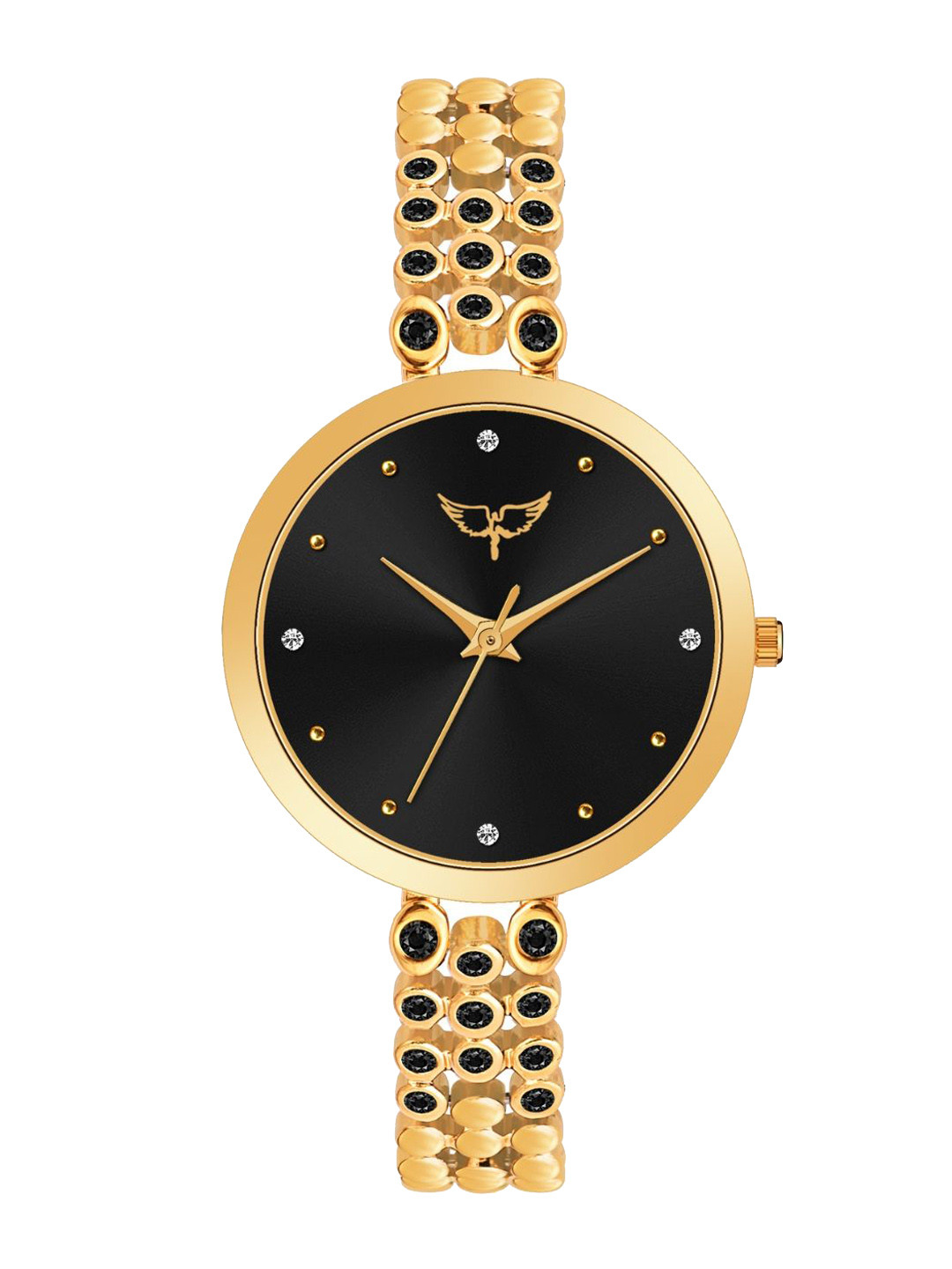 WHITE BIRD Women Brass Embellished Dial & Bracelet Style Straps Analogue Watch JK-145 Gold D Black