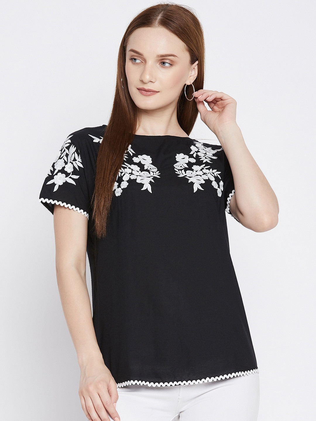 girlsify Women Black Embroidered Boat Neck Short Sleeves Rayon Top