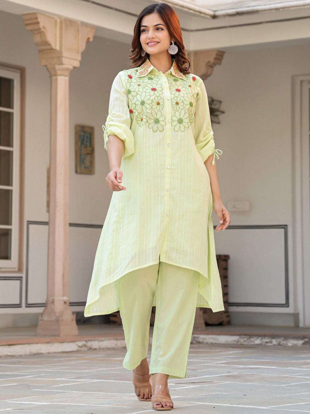 AUTUMN LANE Tiara Sage Floral Yoke Design Thread Work Pure Cotton Kurta with Trousers