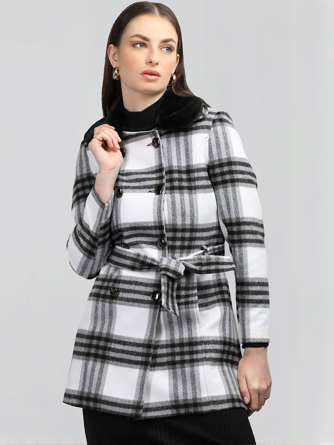 Roadster Women White check Spread Collar Checked Coat