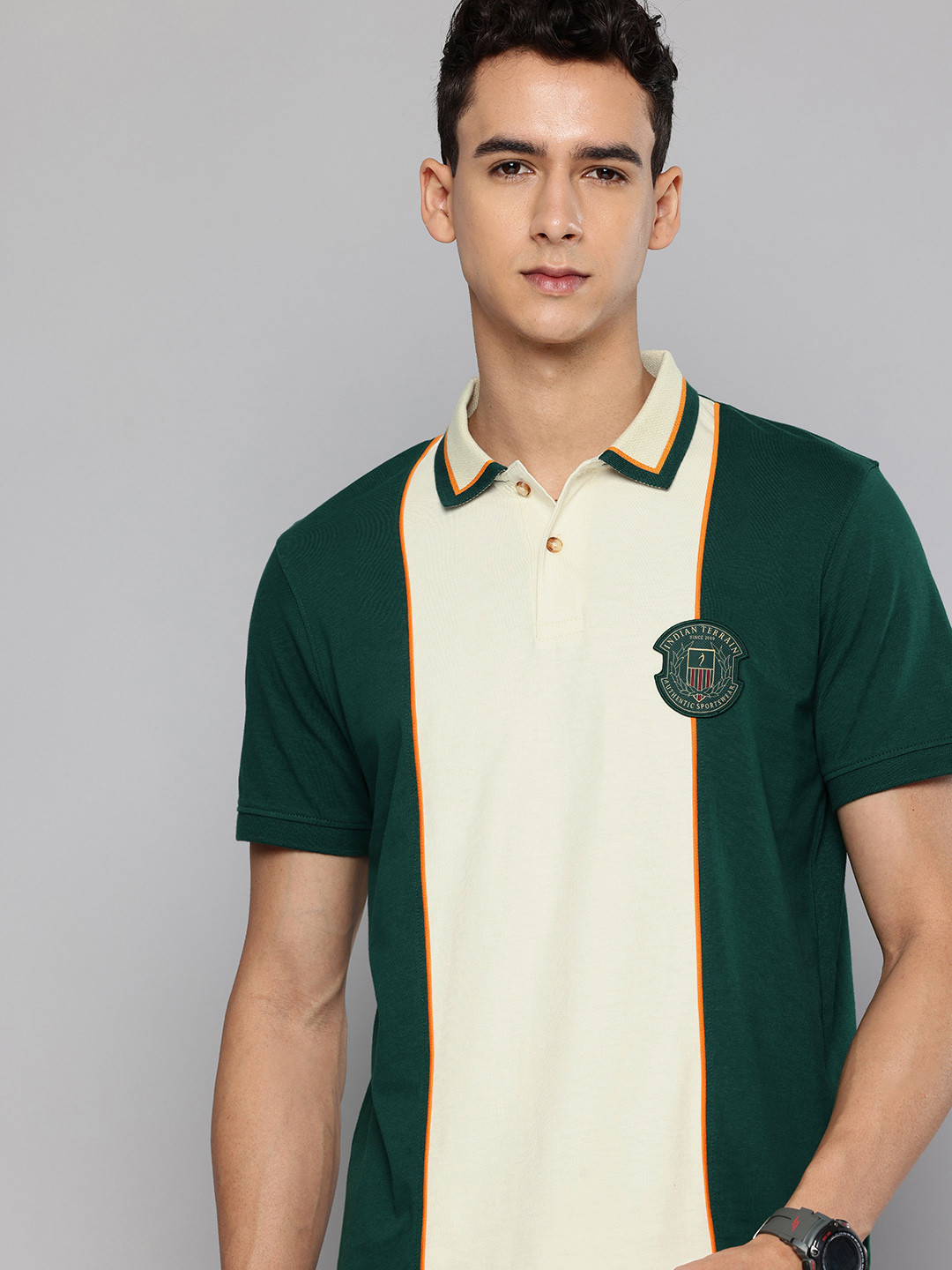 Indian Terrain Colourblocked Applique Detail Polo Collar Pure Cotton T-shirt