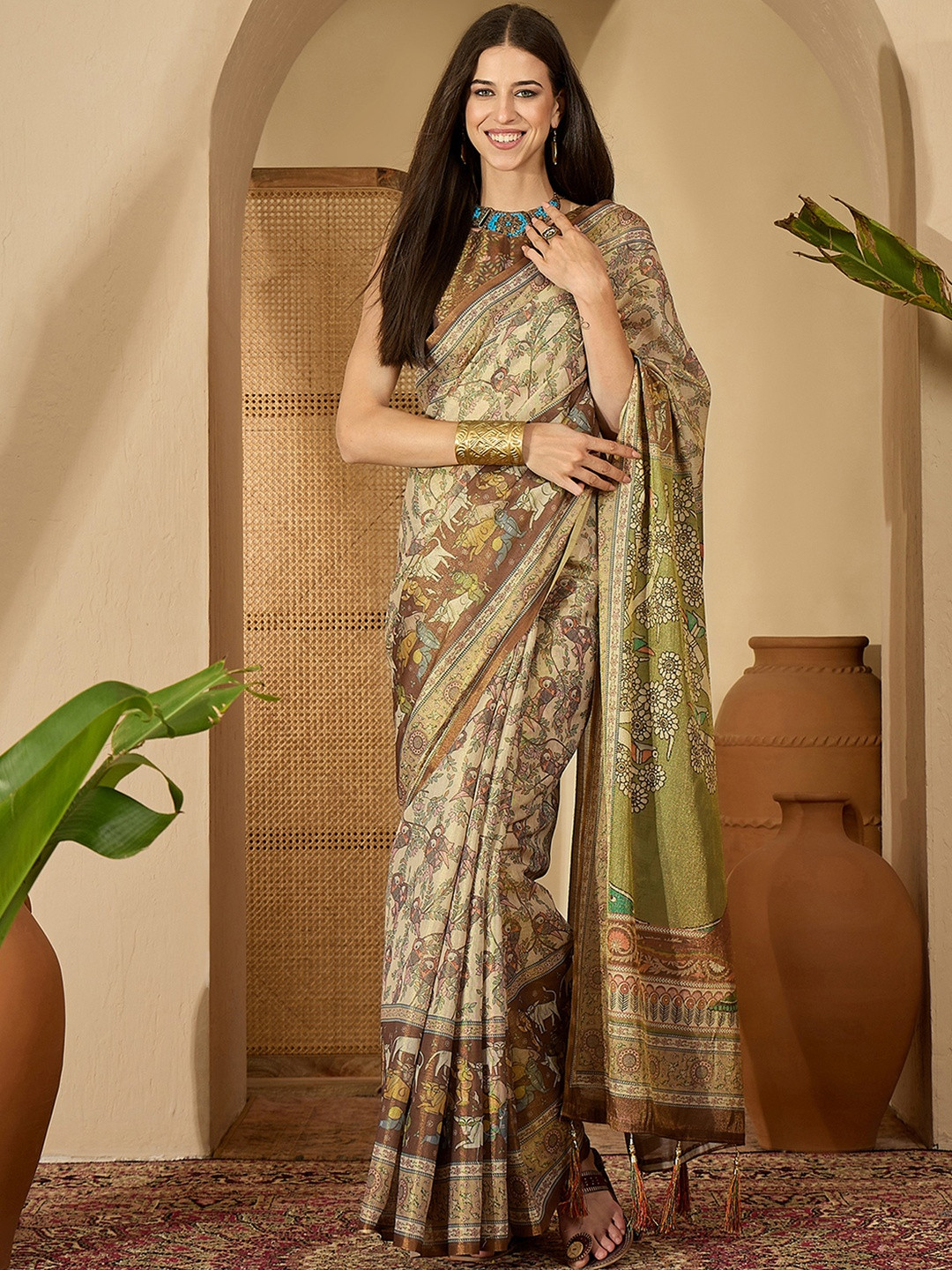 Sangria Beige Pure Linen Printed Sarees