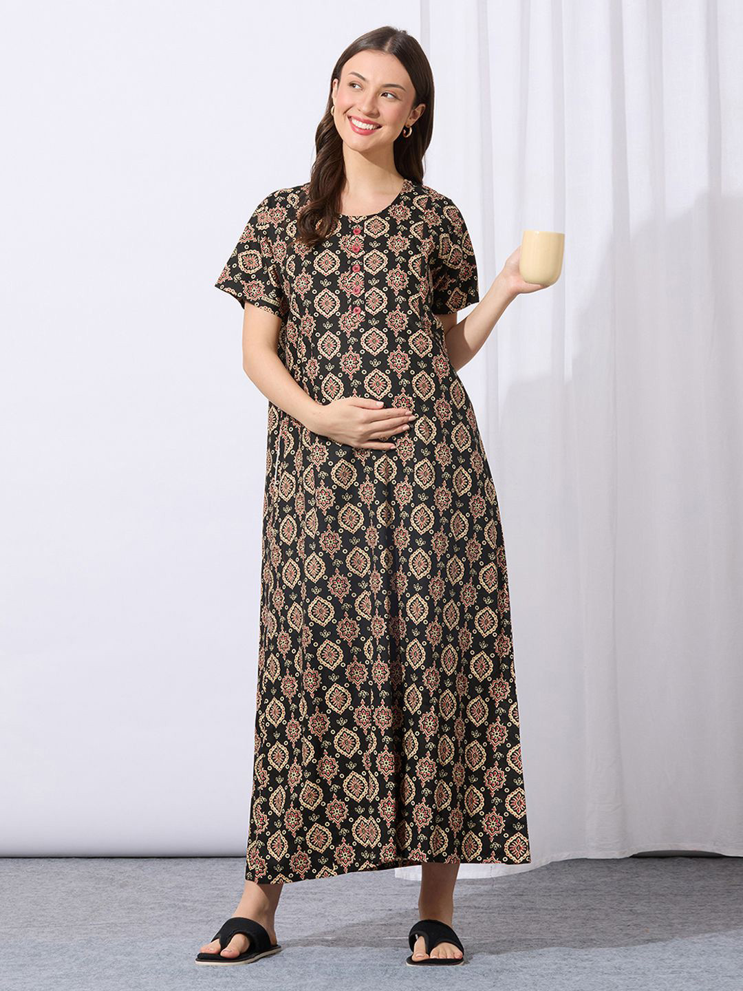 MomToBe Women Cotton Ink Black Feeding Nighty