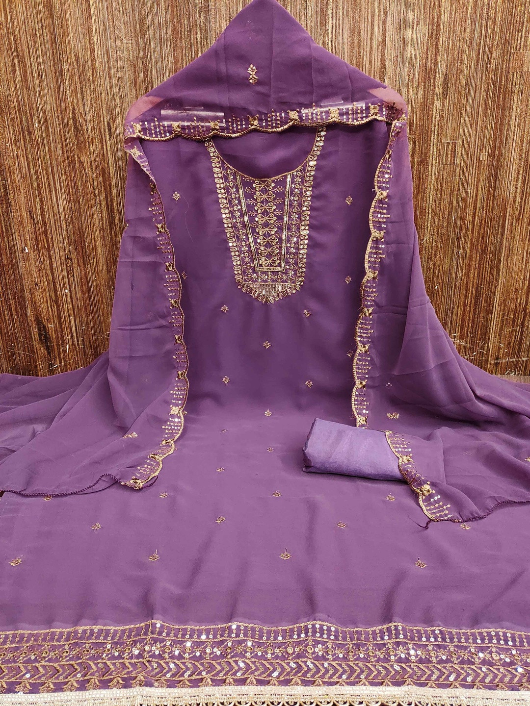 KALINI Women Lavender Georgette Sequin Work Unstitched Dress Material With Dupatta
