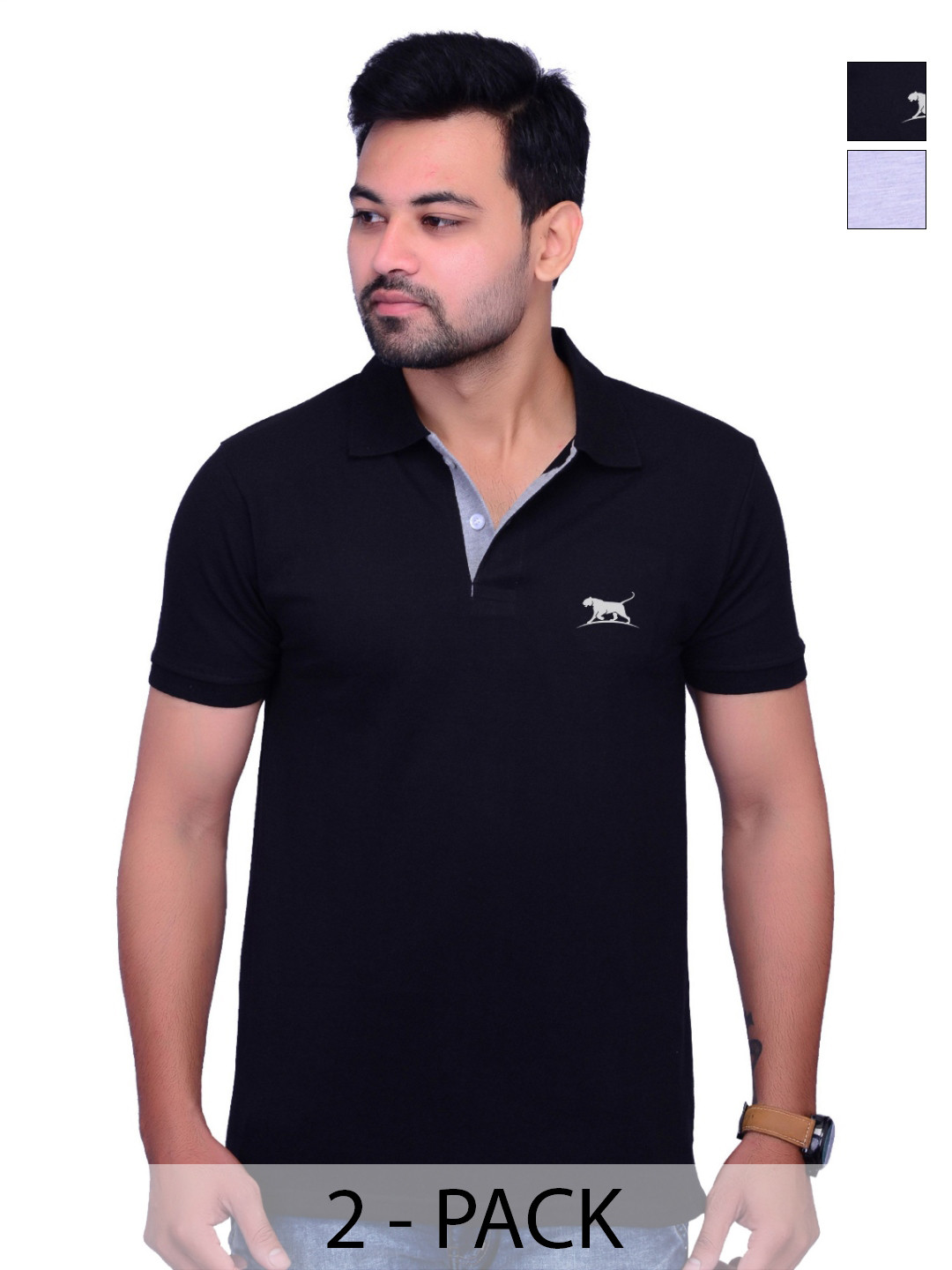 LA MILANO Men Pack of 2 Brand Logo Printed Polo Collar Cotton Slim Fit T-shirts