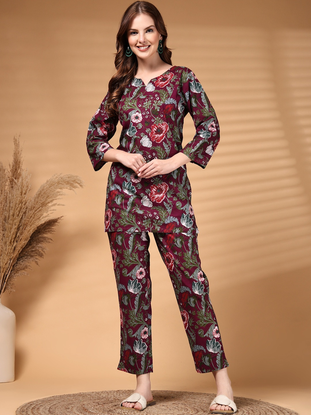 HERE&NOW Womens Brown Floral Print Cotton Fabric Round Neck Co-ords