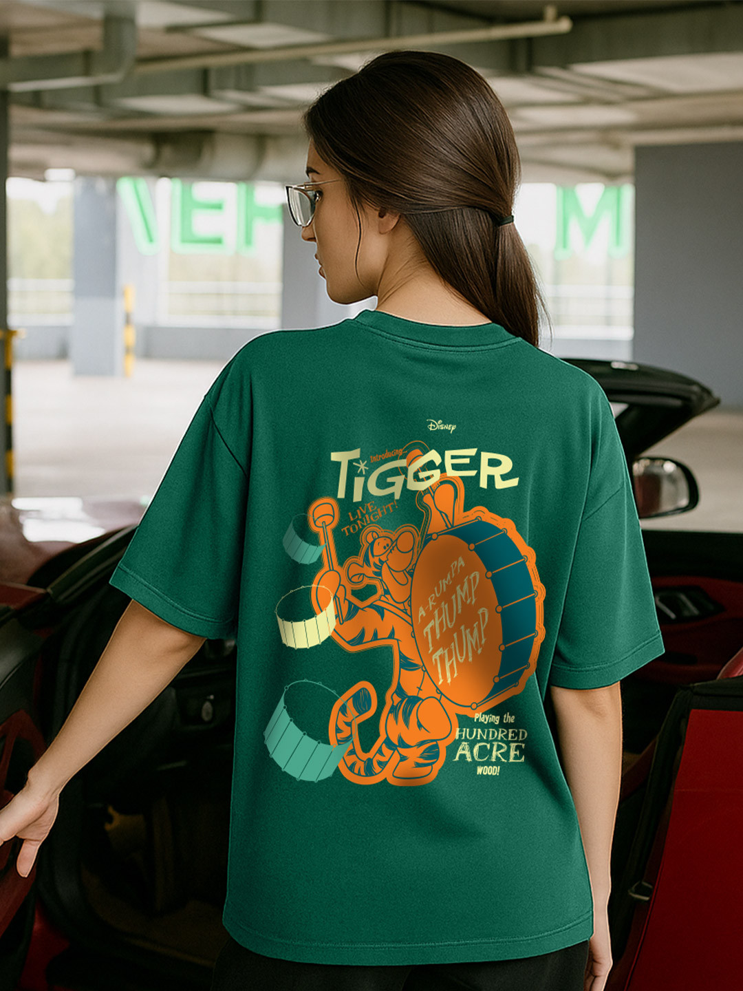 JUNEBERRY Women Disney Tigger Green Printed Relaxed Fit Pure Cotton Oversized T-shirt