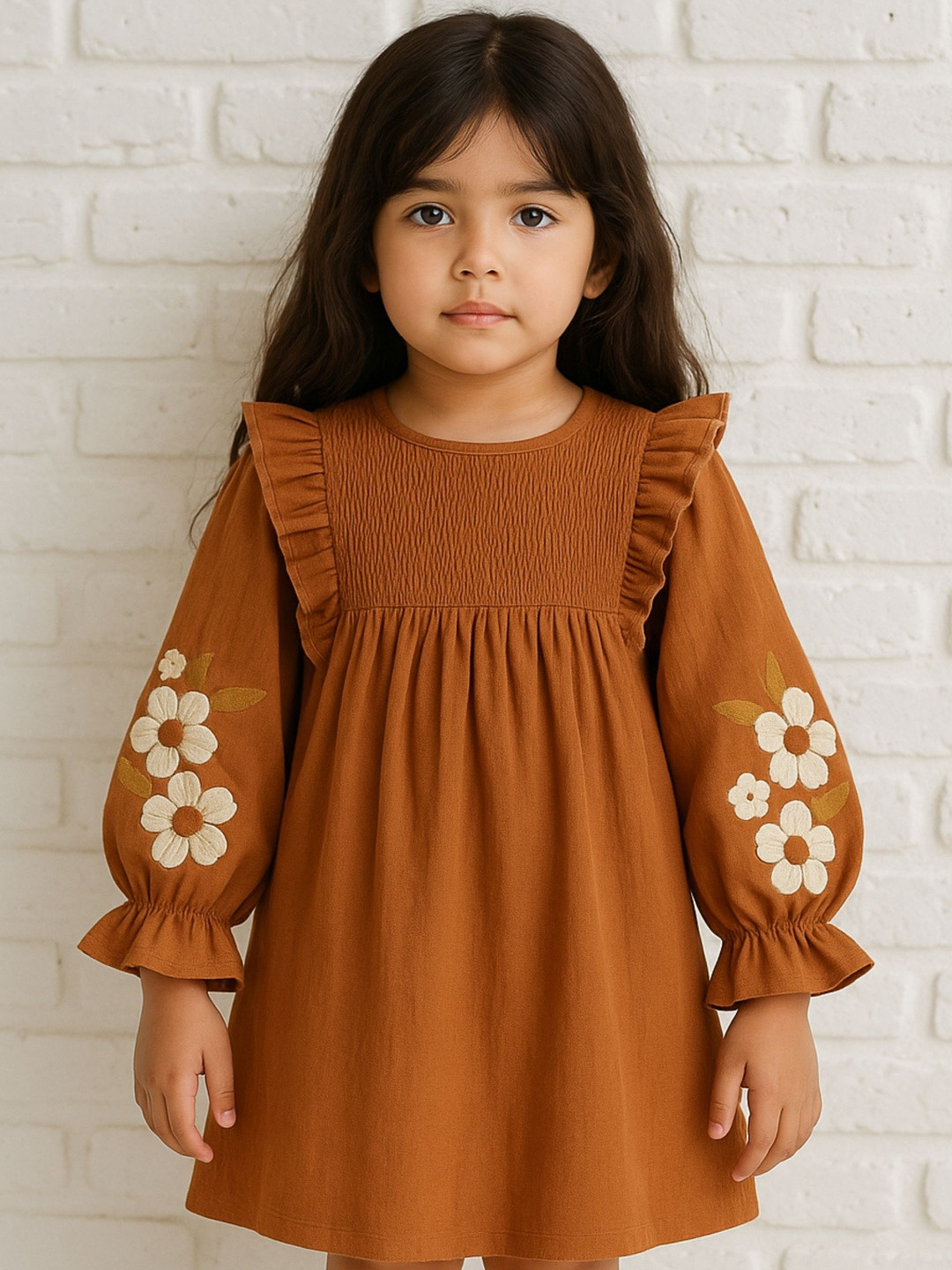 KICO Women Terracotta Bloom Embroidered Smock Dress