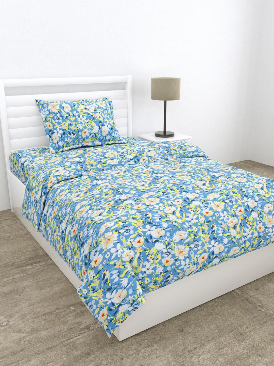 haus & kinder Everbelle Blue Printed Pure Cotton 186 TC Single Bedsheet Set 1.53 x 2.55m