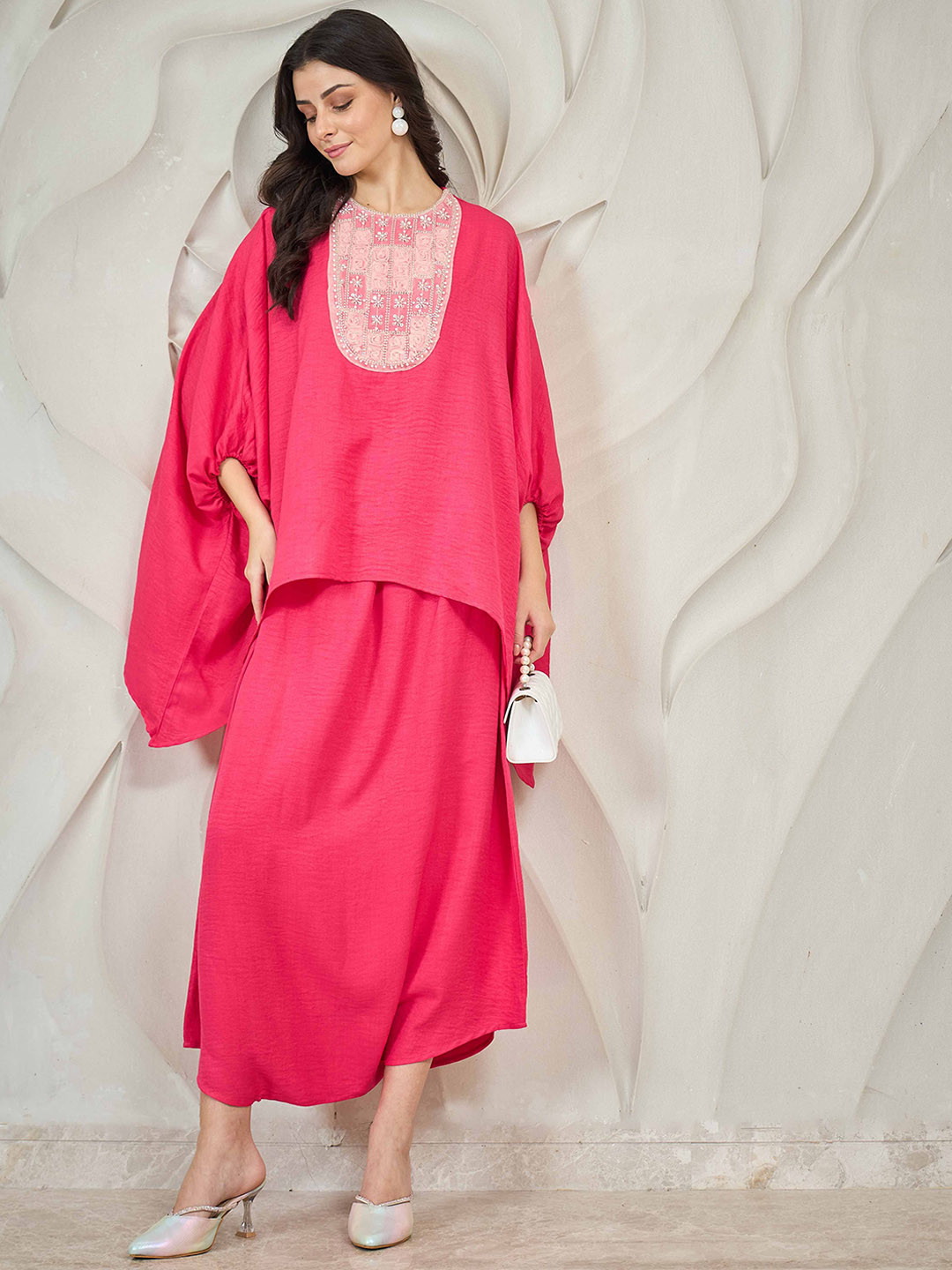 Athena Floral Yoke Design Round Neck Beads & Stones Linen Kaftan With Harem Pants