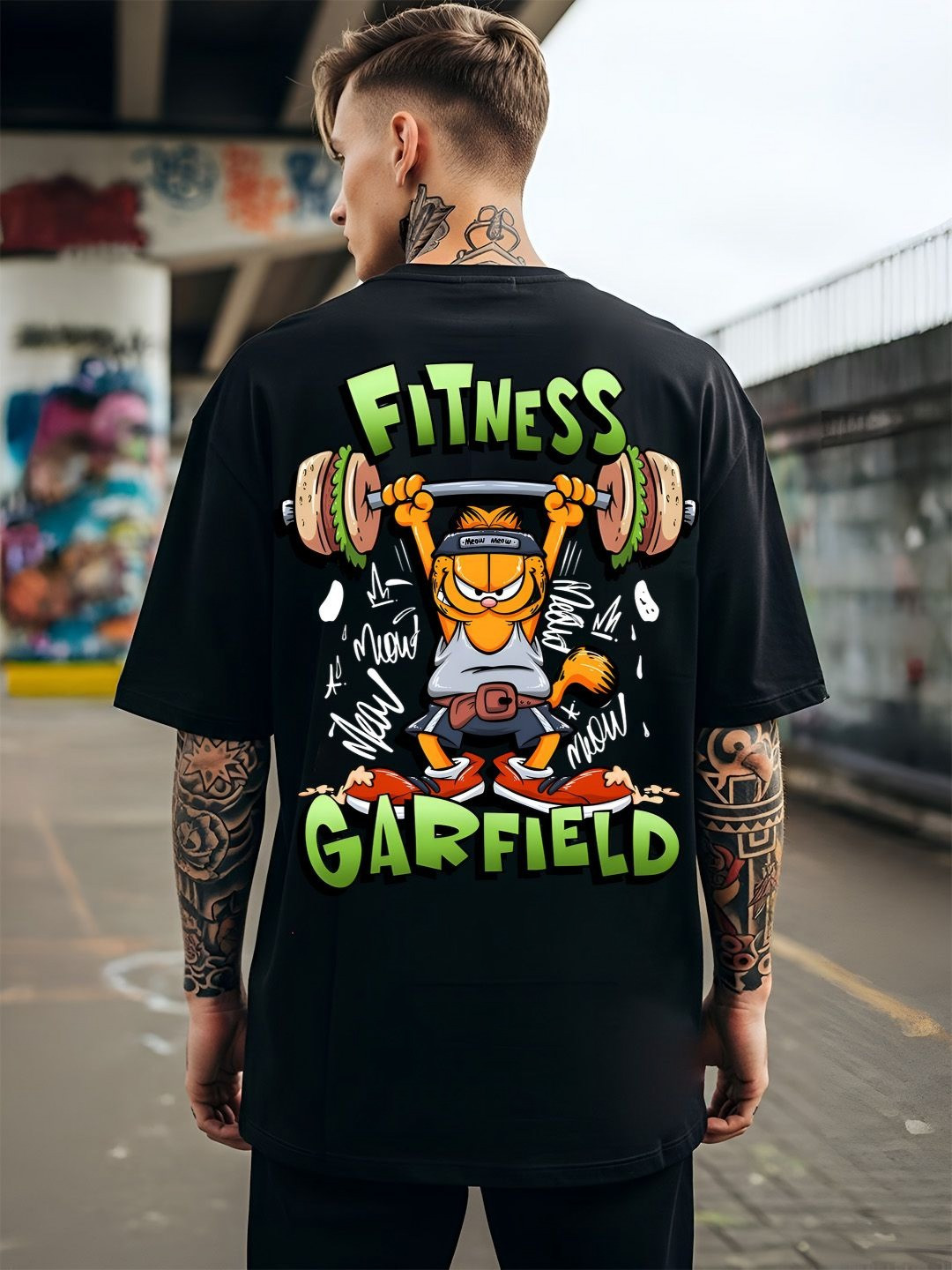 ANGERHOOD Graphic Garfield Printed Drop-Shoulder Sleeves Oversized Cotton T-shirt