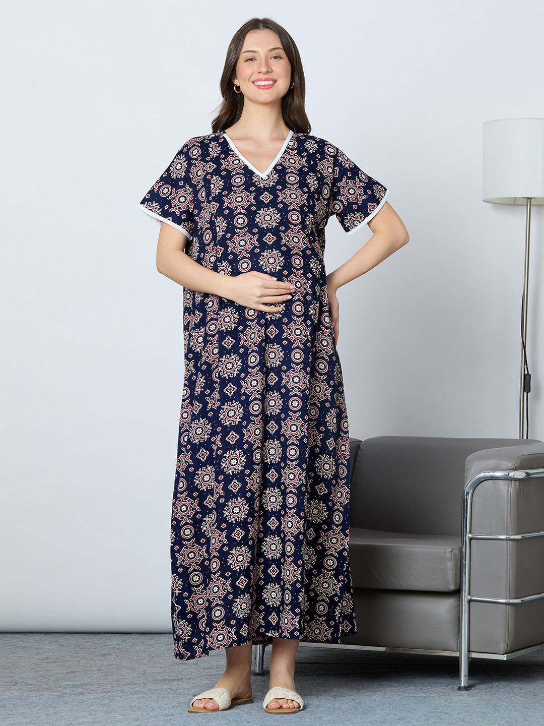 MomToBe Women Cotton Navy Blue Feeding Nighty