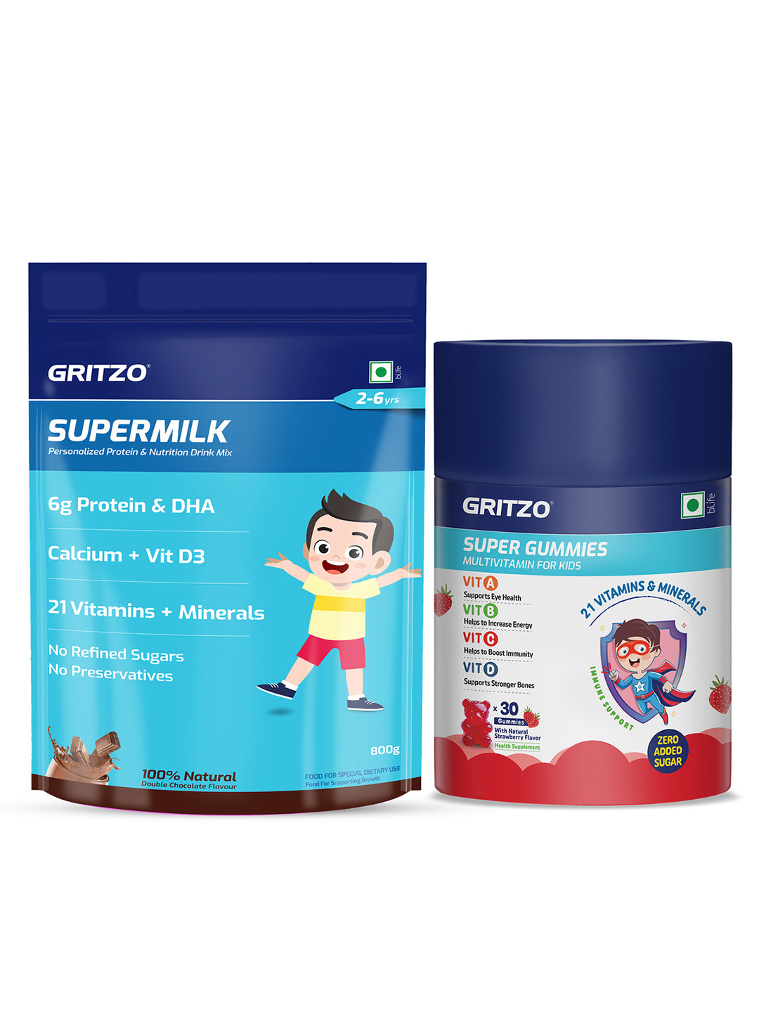 Gritzo SuperMilk Daily Nutrition Kids & Super Gummies -800 g- Strawberry Double Chocolate