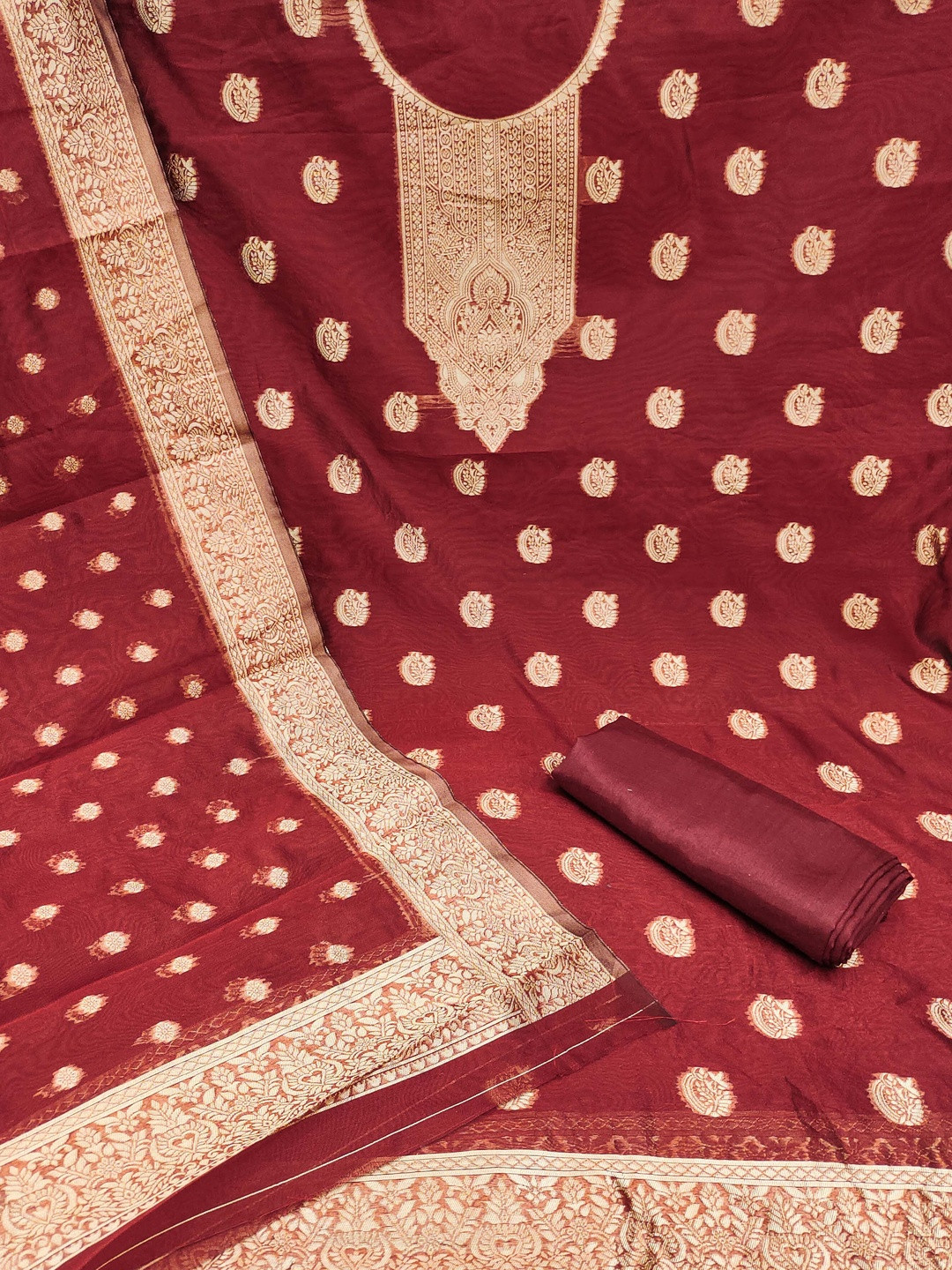 KALINI Women Maroon Simmer Silk Woven Unstitched Dress Material with Dupatta