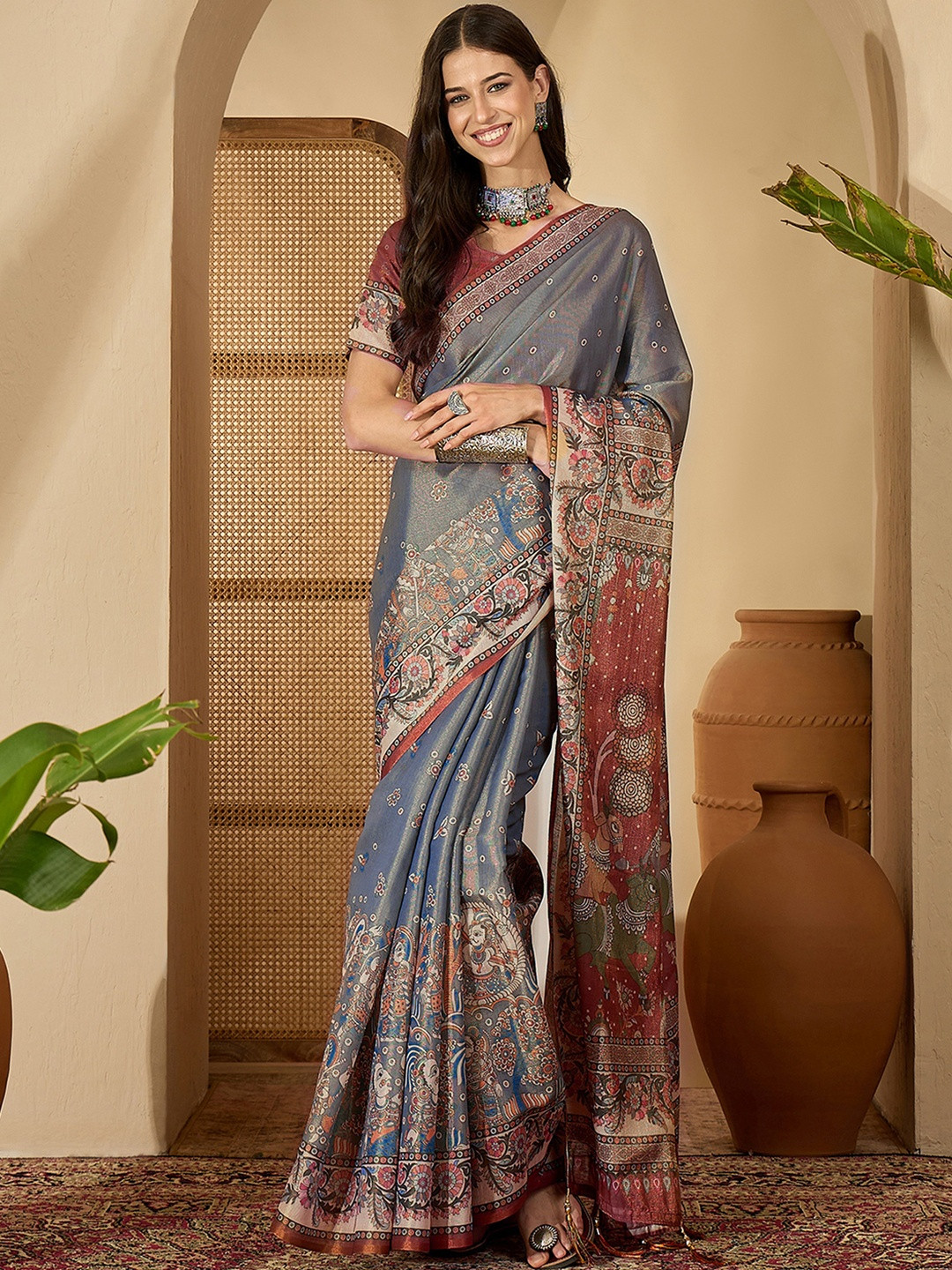 Sangria Pure Linen Printed Sarees With Tassels & Unstithced Blouse Piece