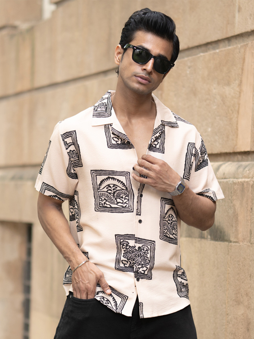 Powerlook SS25 Structured Geometric Printed Casual Shirt