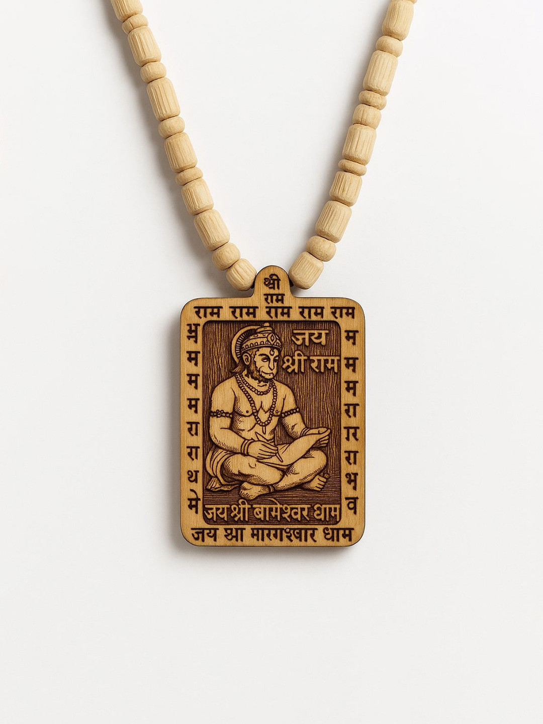 Floky Men Spiritual Wooden Hanuman Ram Bageshwar Dham Necklace