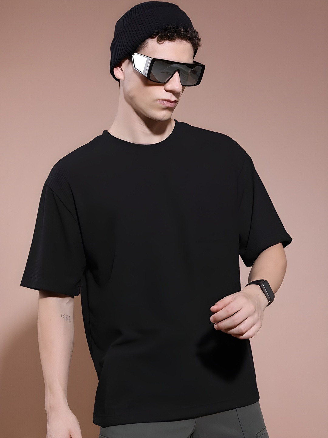 SZN Men Black Cotton Textured T-shirt