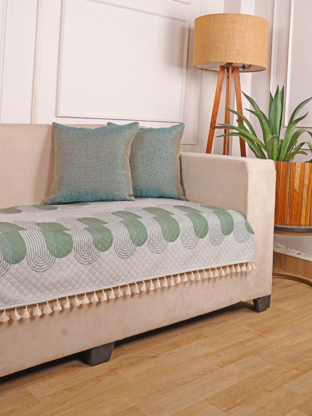 STITCHNEST Olive Green & Off White Printed Velvet 2 Seater Sofa Cover