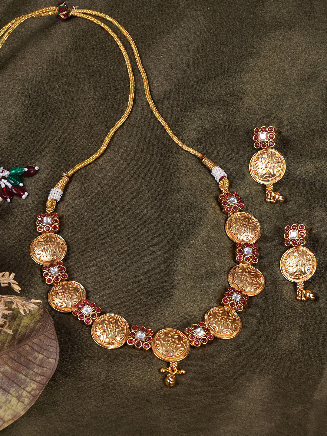 Adwitiya Collection 24CT Gold Plated Stone Studded Antique Coin Motif Jewellery  Set