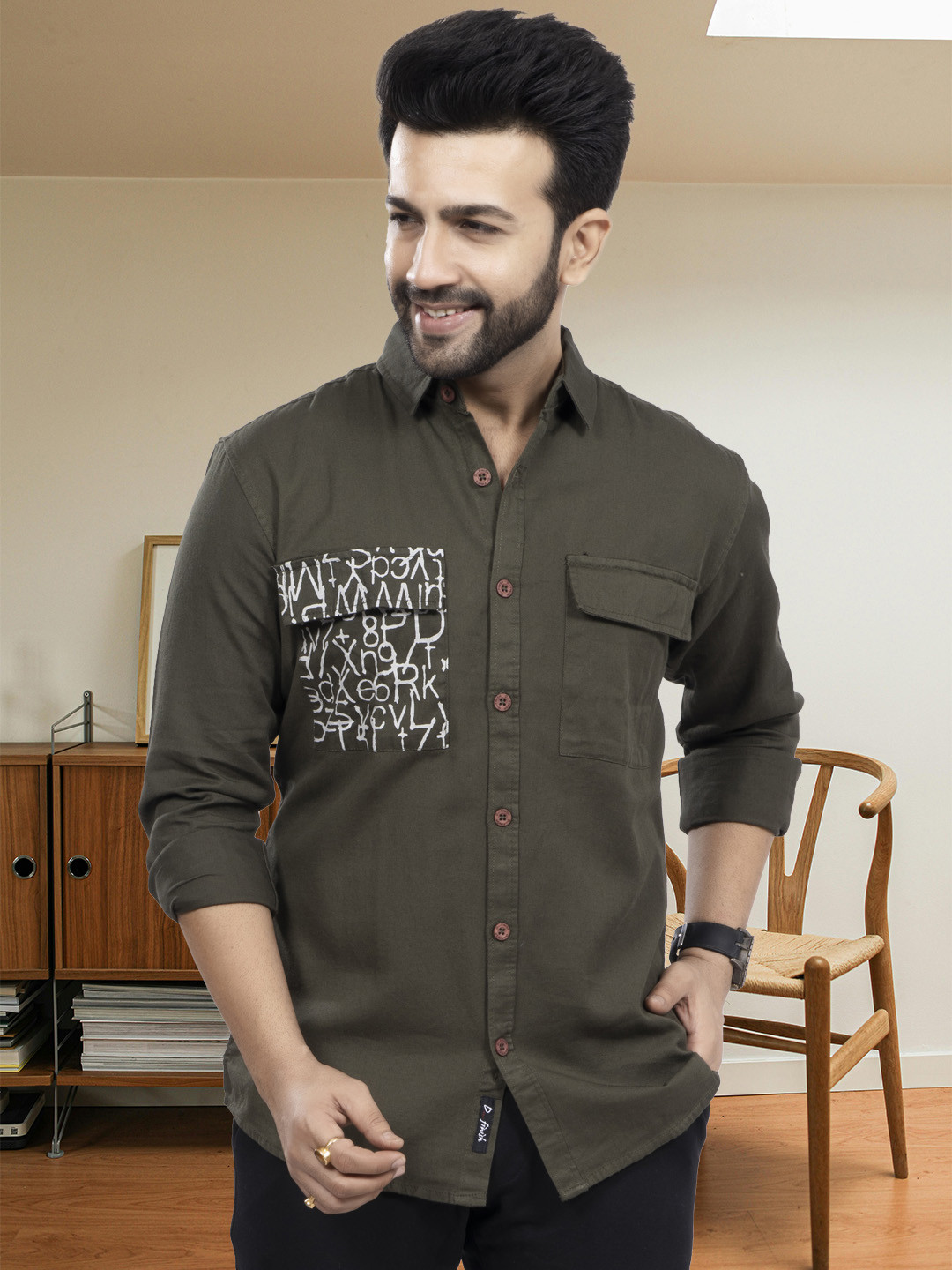 D Finish Smart Typography Printed Spread Collar Cotton Casual Shirt