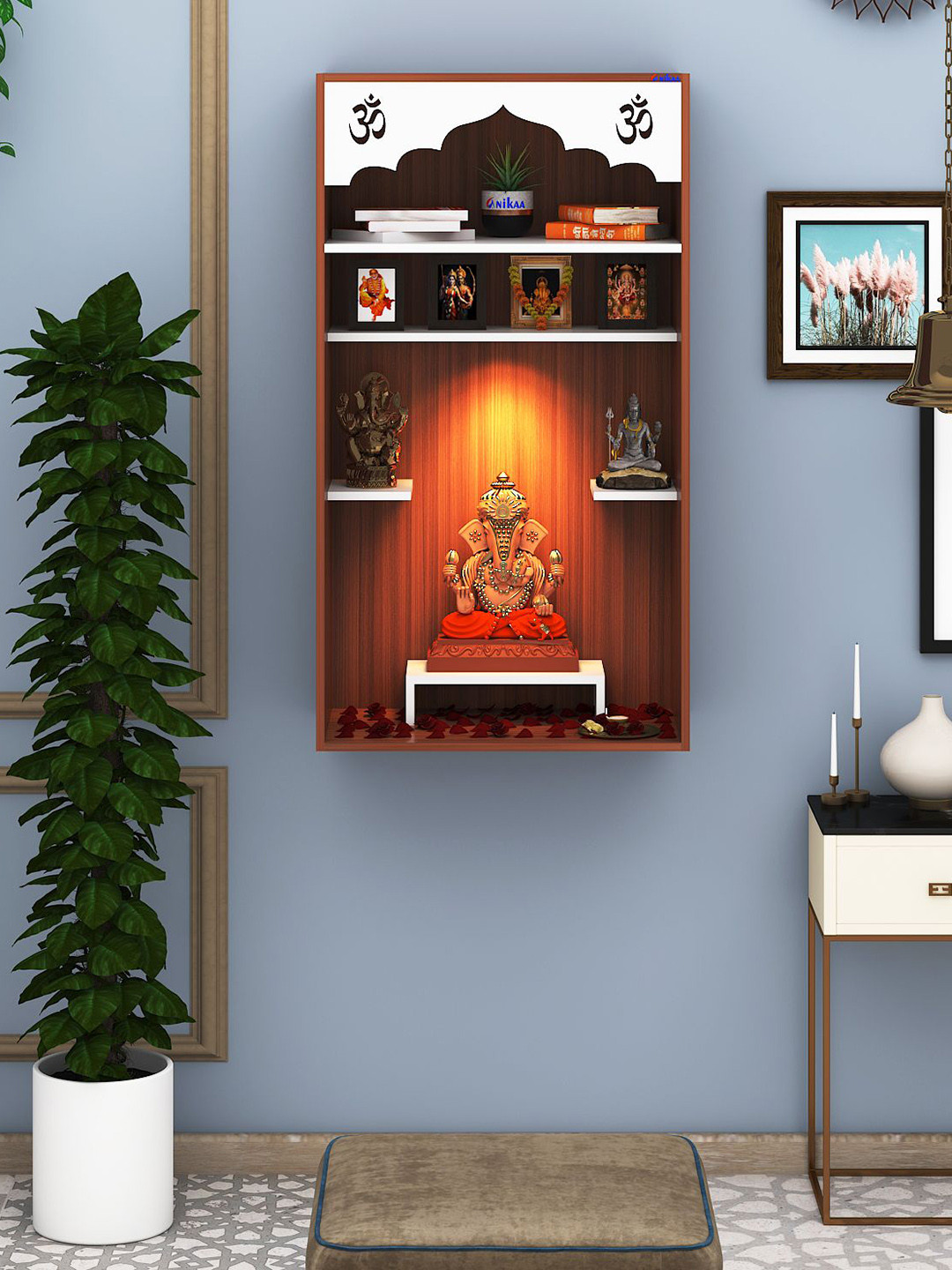 ANIKAA White & Brown Niva Pooja Mandir Laser Cut Om Design Home Temple