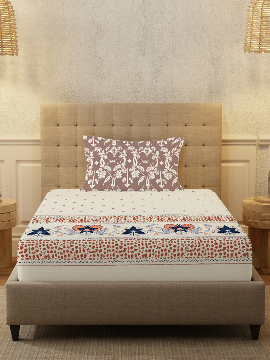 URBAN SPACE Bloom Beige Floral Printed Cotton 200 TC Single Bedsheet With 2 Pillow Covers