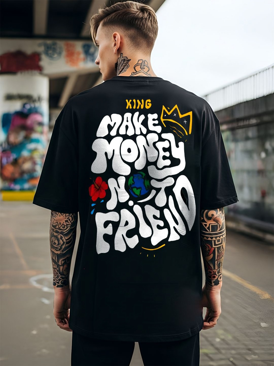 ANGERHOOD Typography Make Money Printed Drop-Shoulder Sleeves Oversized Cotton T-shirt