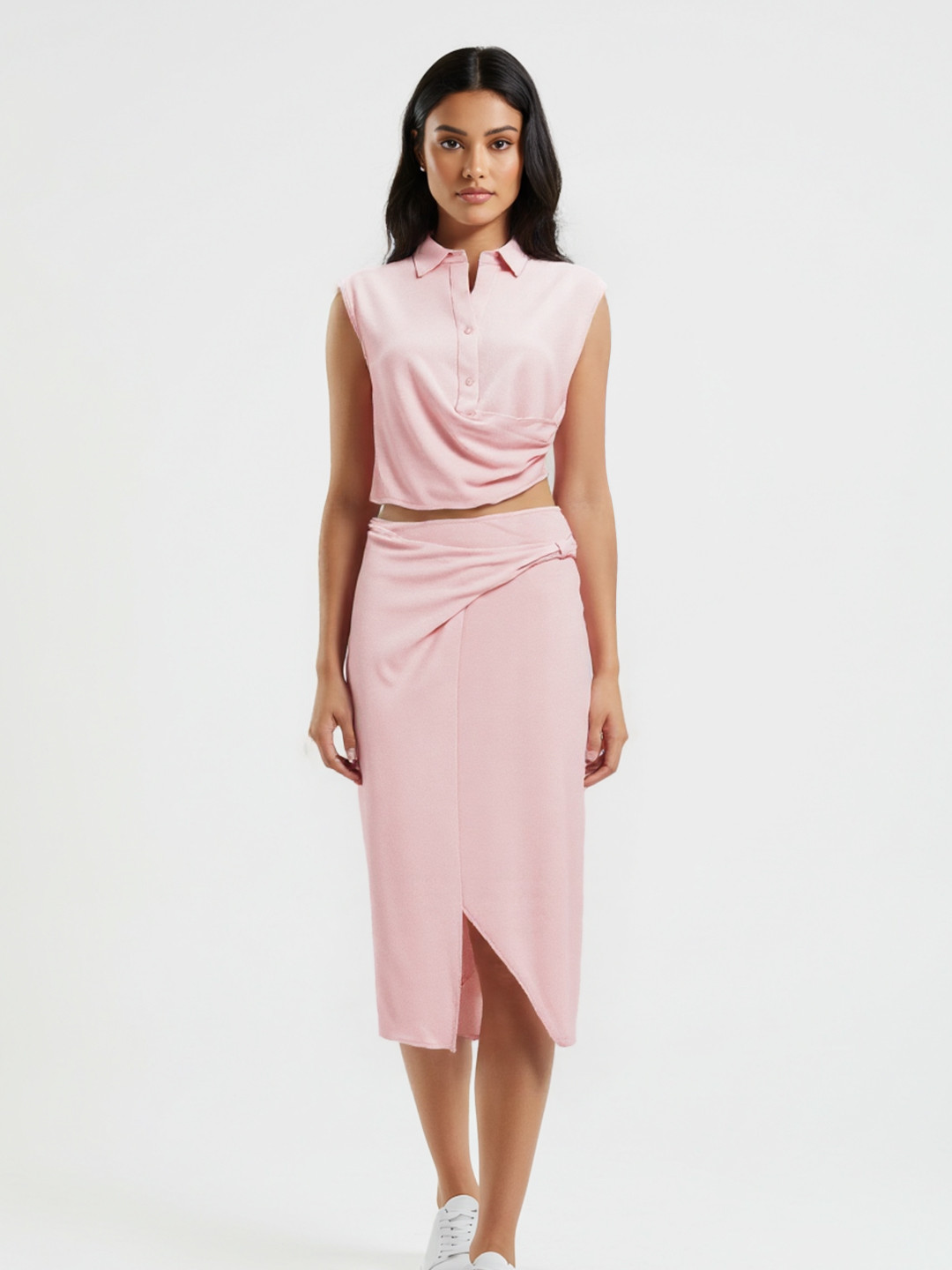 glitchez Geometric Self-Design Ruched Detail Crop Top with Midi Wrap Skirt