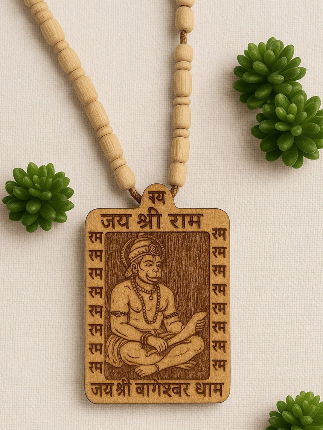 P R Production Men Spiritual Wooden Hanuman Ram Bageshwar Dham Necklace