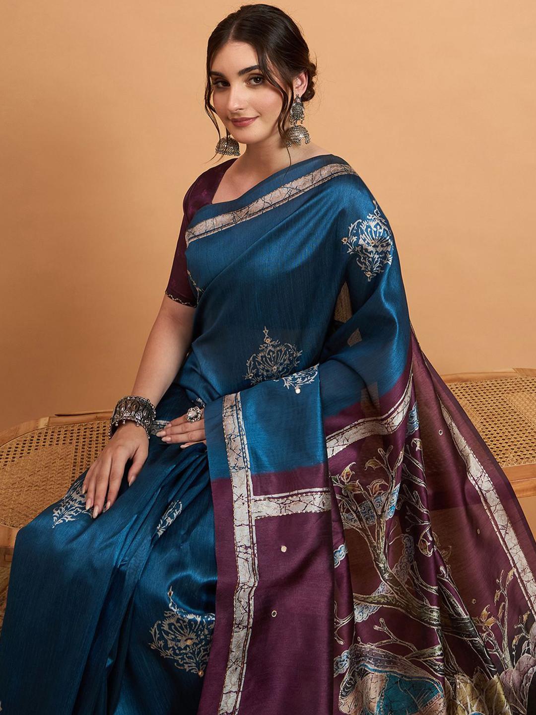 House of Pataudi Ethnic Motifs Mirror Work Block Print Saree