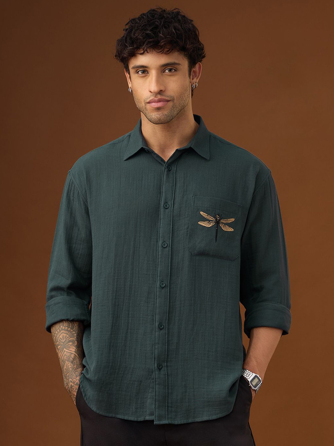 The Souled Store Men Relaxed Fit Dragonfly Embroidery Spread Collar Cotton Casual Shirt