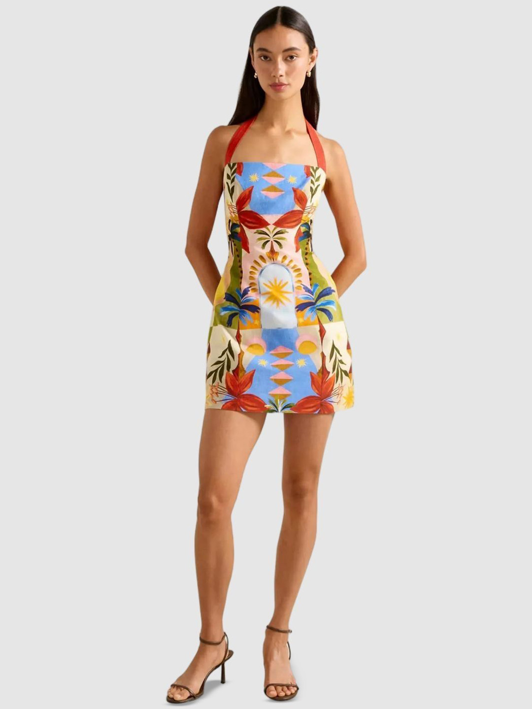 Forever New Tropical Print Halter Neck Linen Fit & Flare Mini Dress