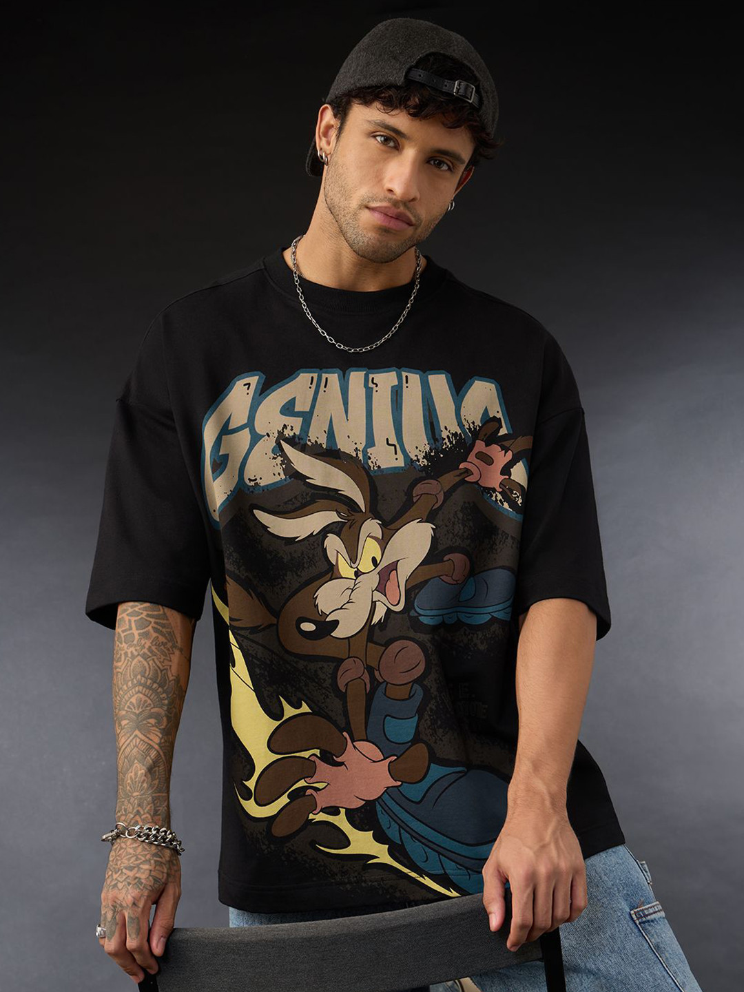 The Souled Store Looney Tunes Skating Coyote Graphic Printed Pure Cotton Oversized T-shirt