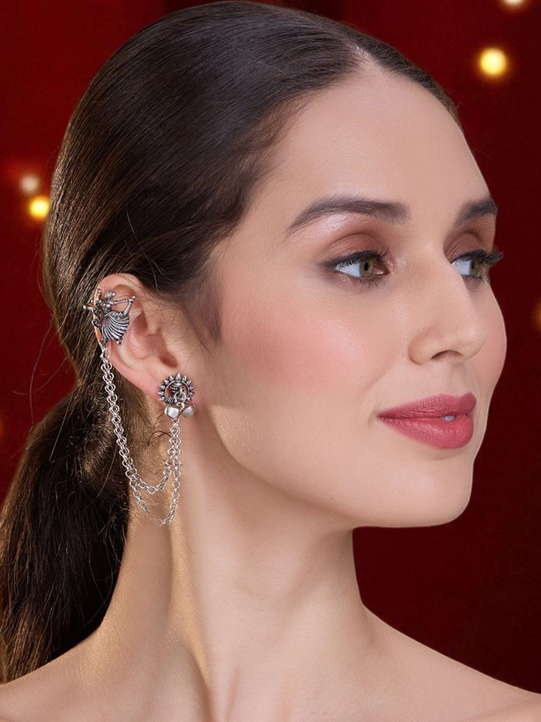 OOMPH Radha Dancing Design Oxidised Ear Cuffs With Chain