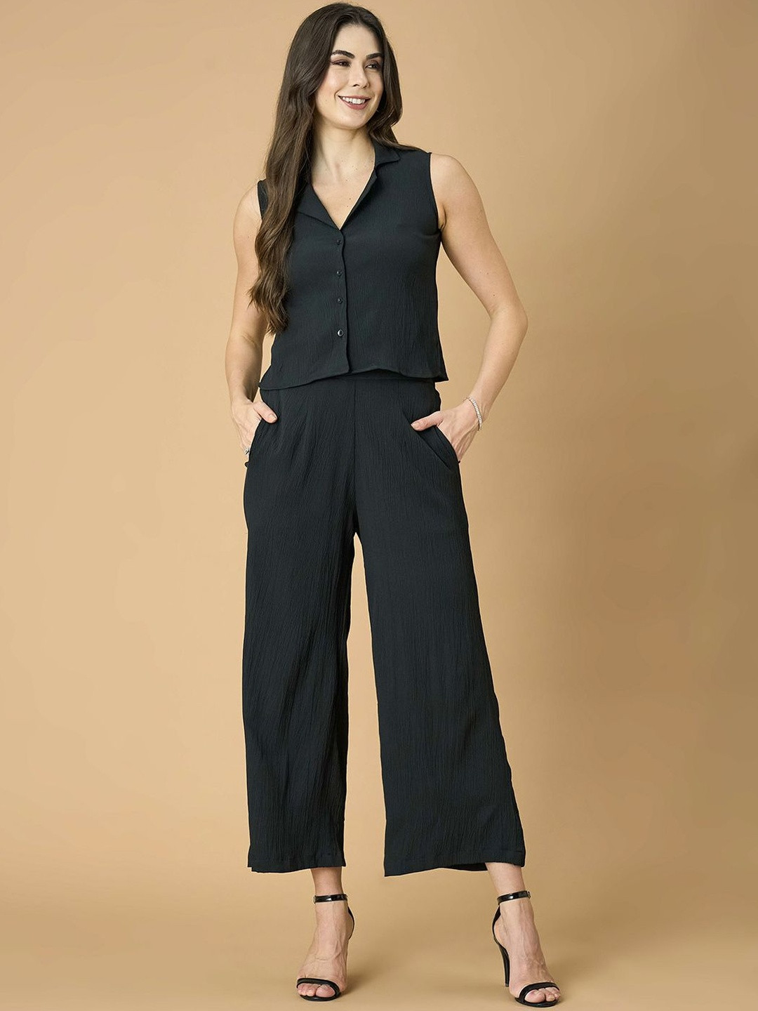 Stem Rope Notched Lapel Collar Sleeveless Top With Trouser Co-ord Set