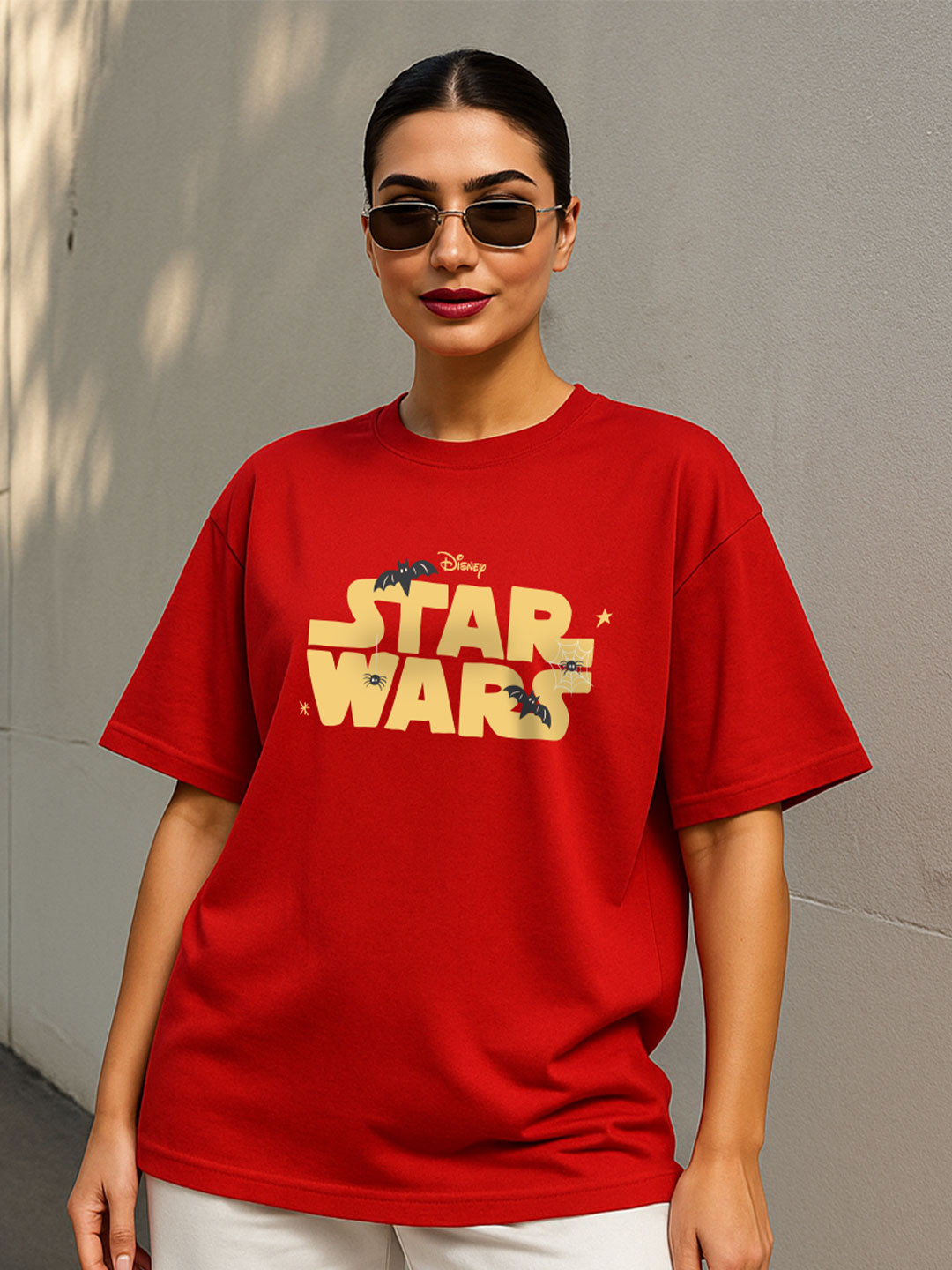 JUNEBERRY Women Star Wars Red Typography Printed Relaxed Fit Pure Cotton Oversized T-shirt