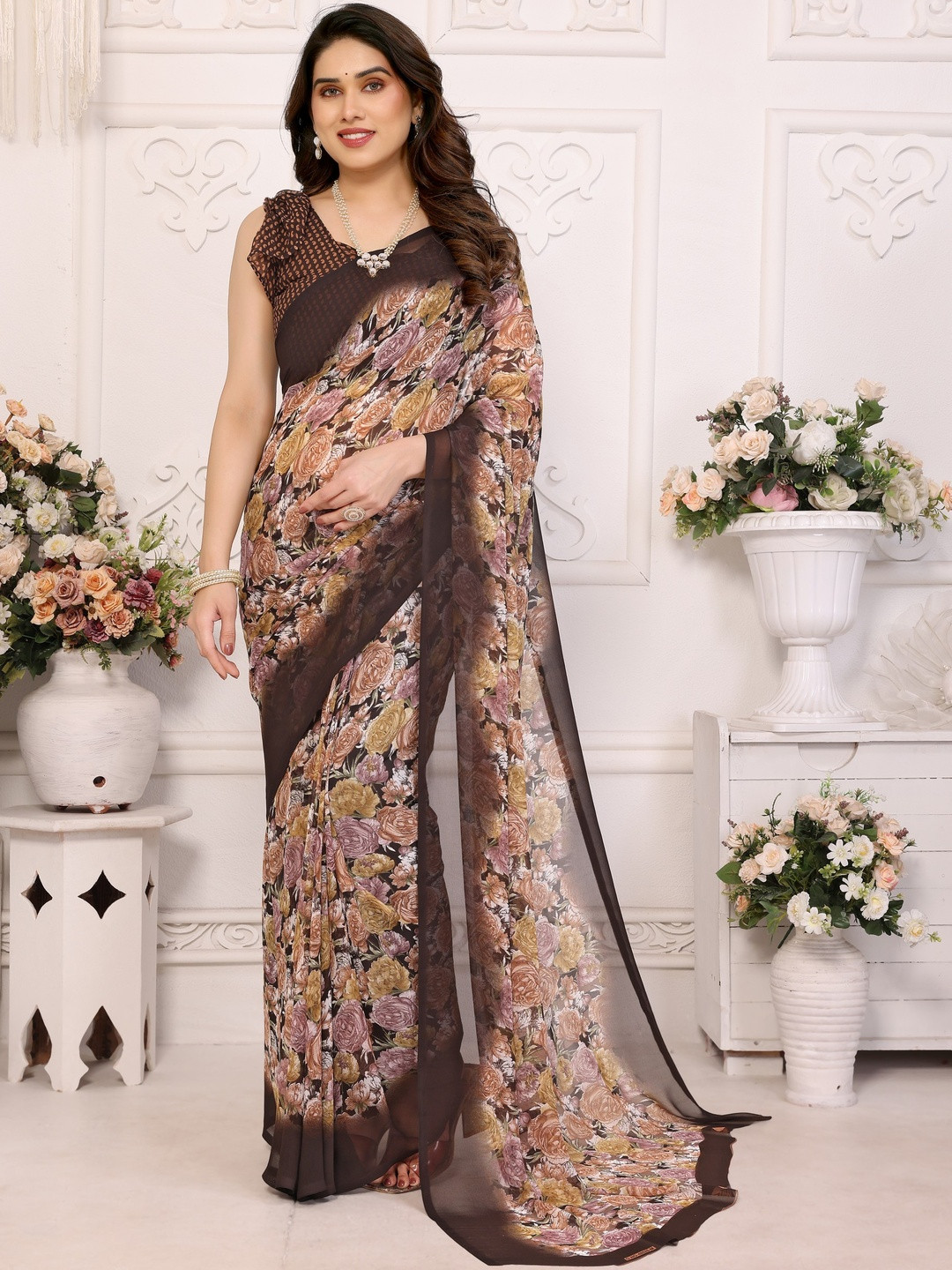 KALINI Brown Poly Georgette Printed Sarees