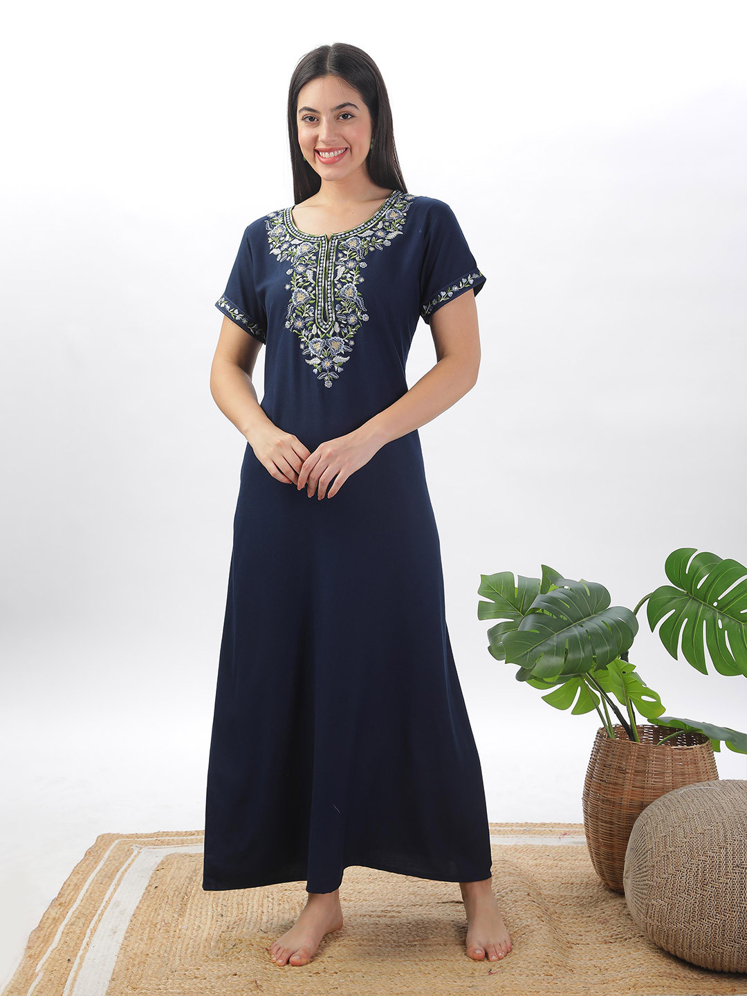 9shines Label 9shines Label Navy Blue Embroidered Solid Maxi Nightdress