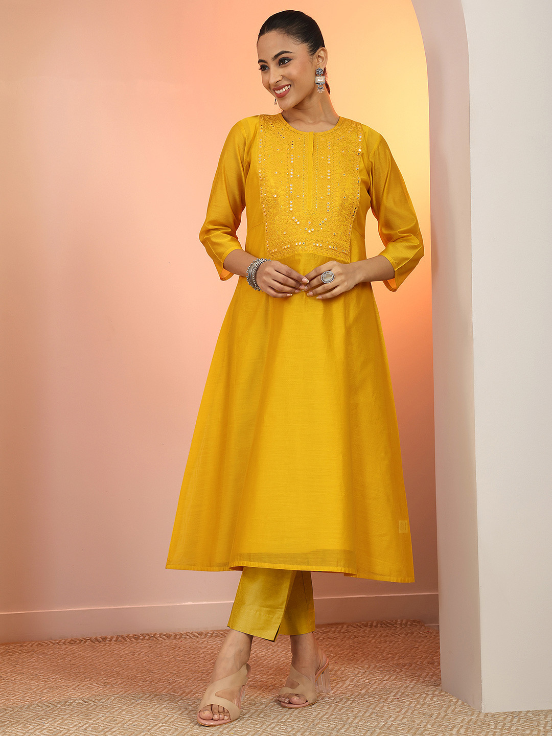 Libas Women Embellished Casual Silk A-Line Kurta