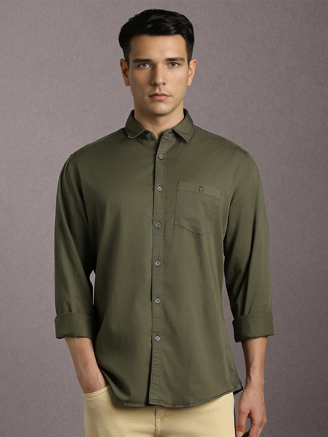 Louis Philippe Jeans Men Olive Green Slim Fit Solid Casual Shirt