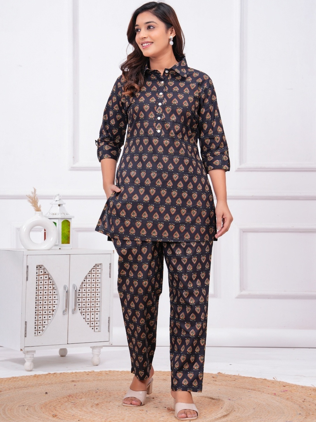 Style Heaven Women Black Printed Pure Cotton Co-Ords