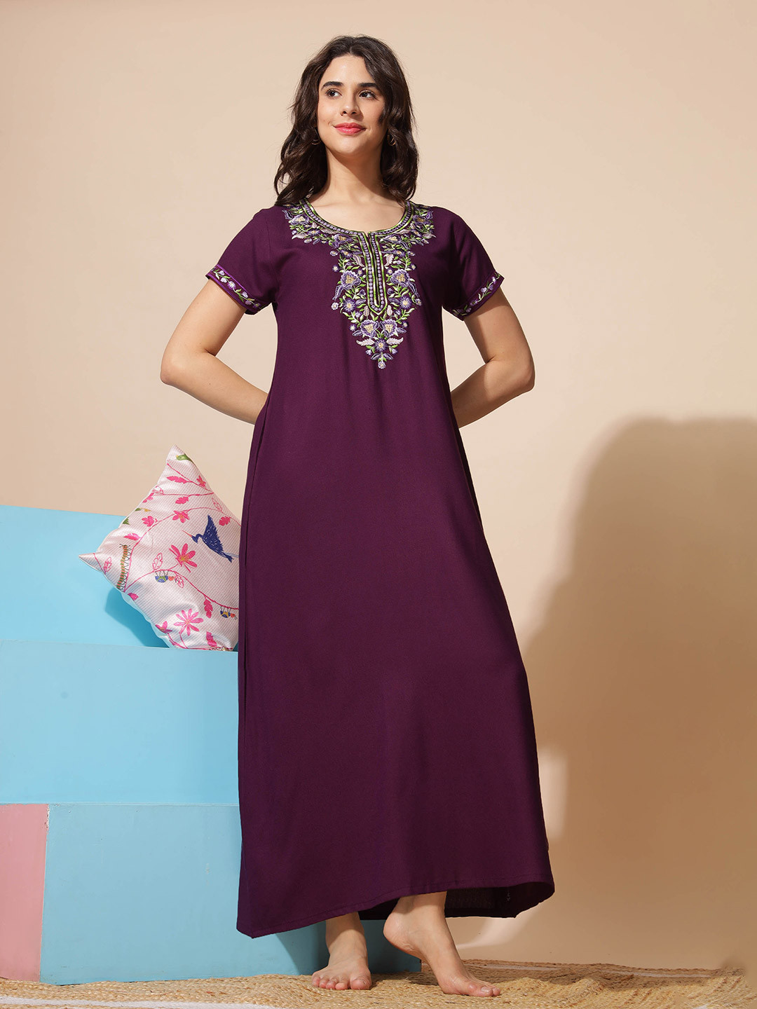 9shines Label Plus Size Designer Nightdress with Butterfly Embroidery