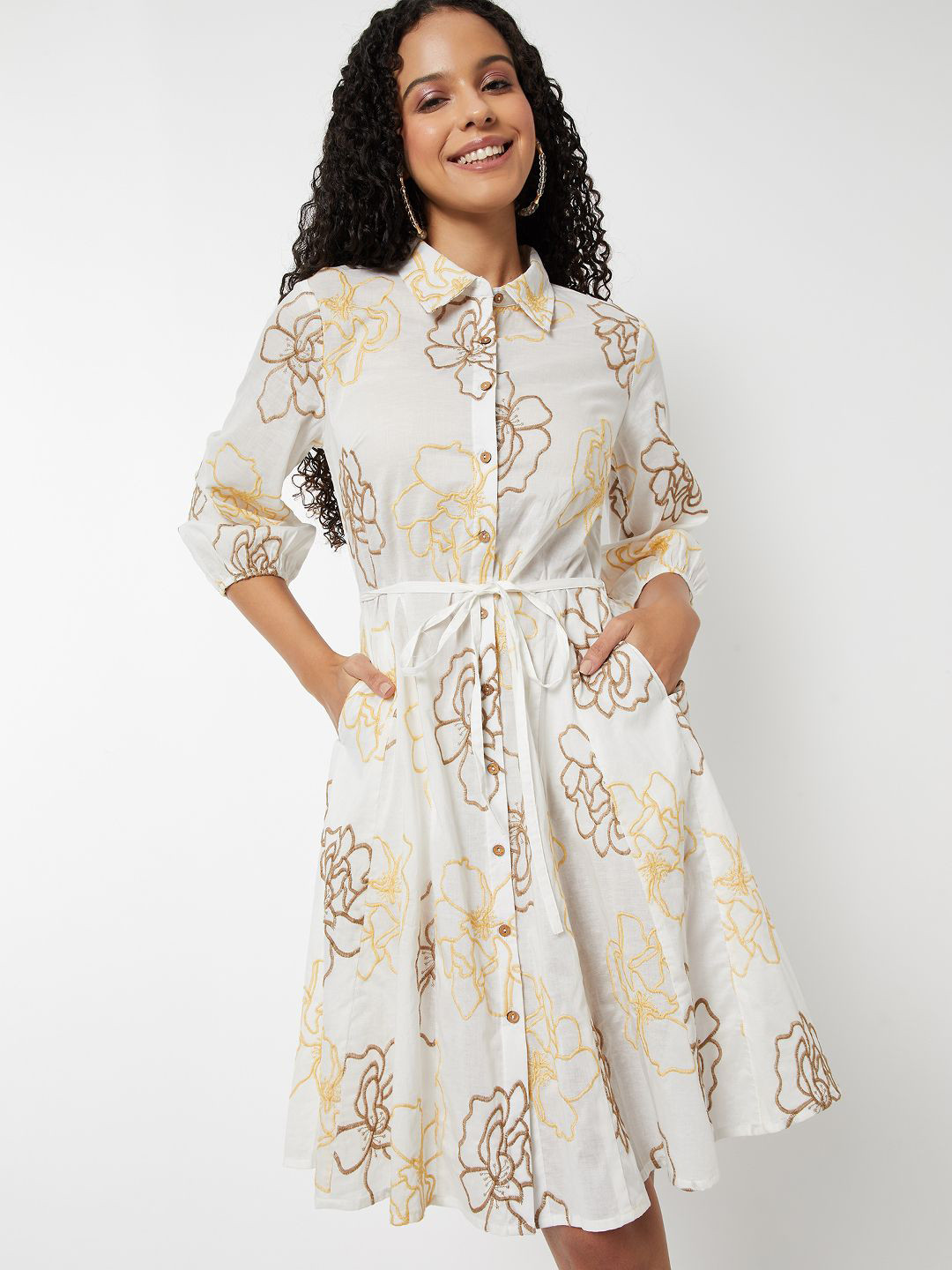 max Women Floral Embroidered Shirt Dress
