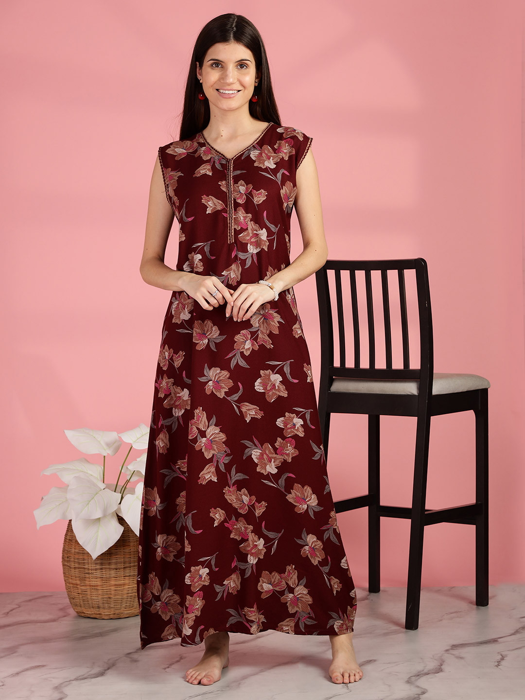 9shines Label Women Floral Printed Maxi Nightdress with Side Pocket