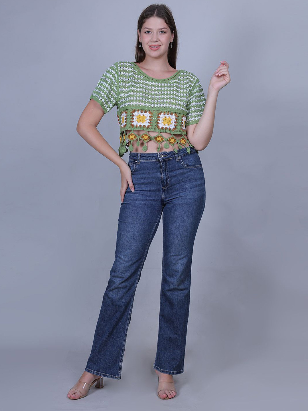 Fabme Women Self Design Boxy Crop Crochet Top