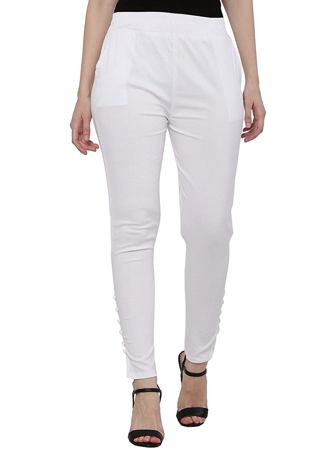 SAJATA Women White Cotton Casual Cigarette Trousers