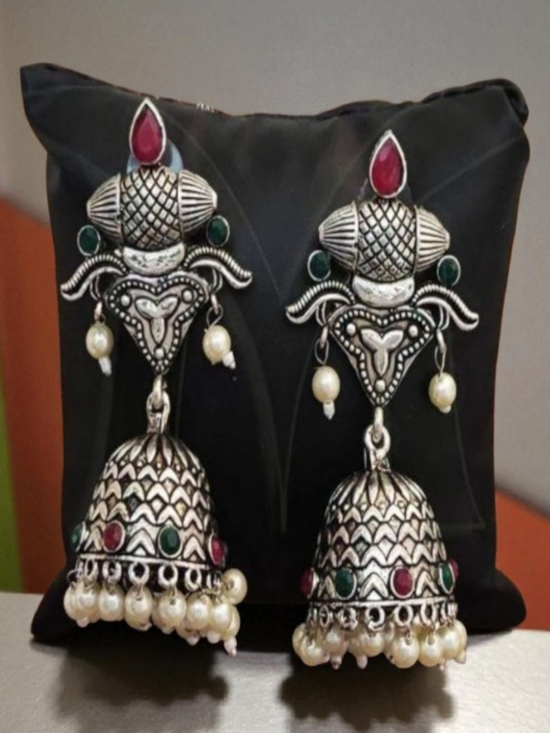 ROYAL NEEDS Artificial Stones Studded And Beaded Dome Shaped Oxidised Jhumkas