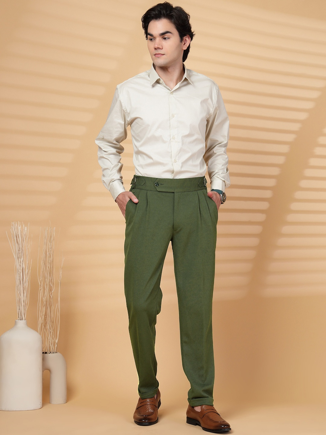 KLOTTHE Men Olive Lycra Formal Formal Trousers